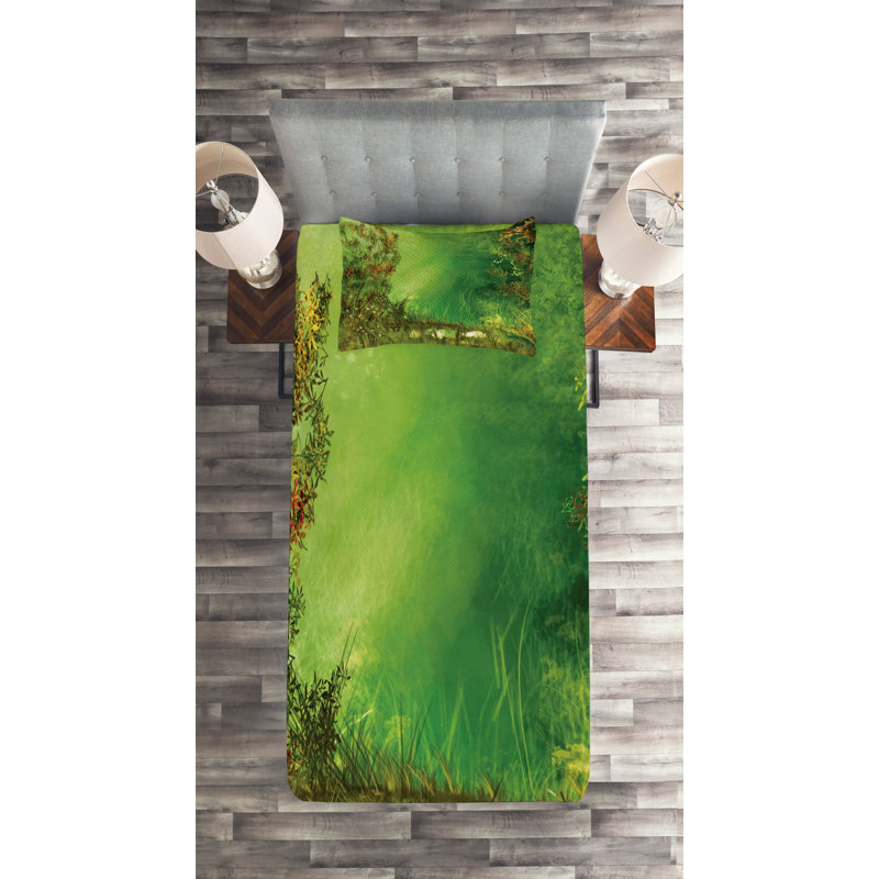 Green Nature Print Twin Quilted Bedspread Set