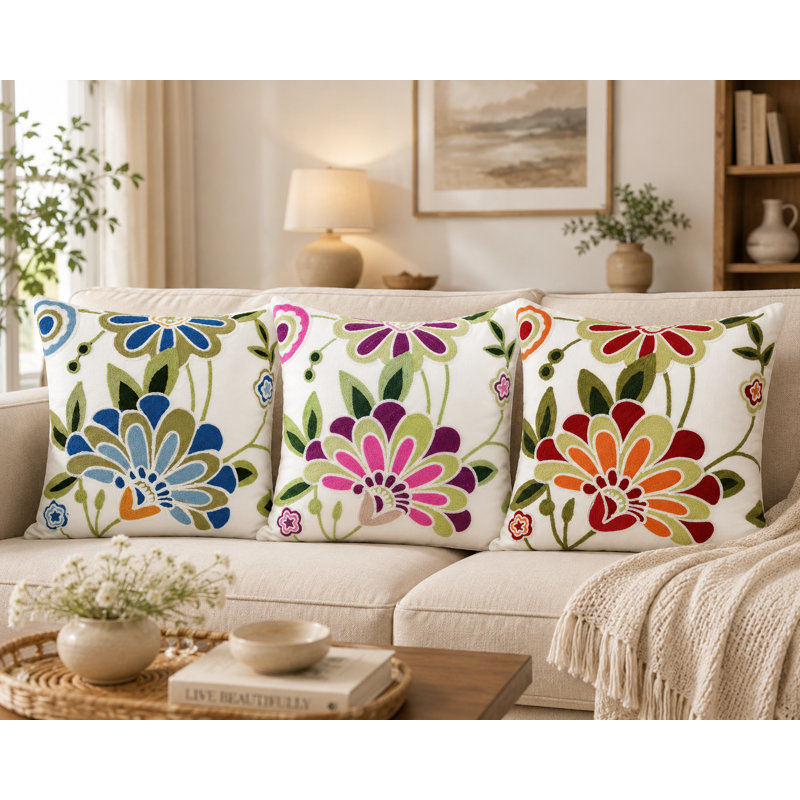 Flora Cotton Throw Pillow, Feather, Blue