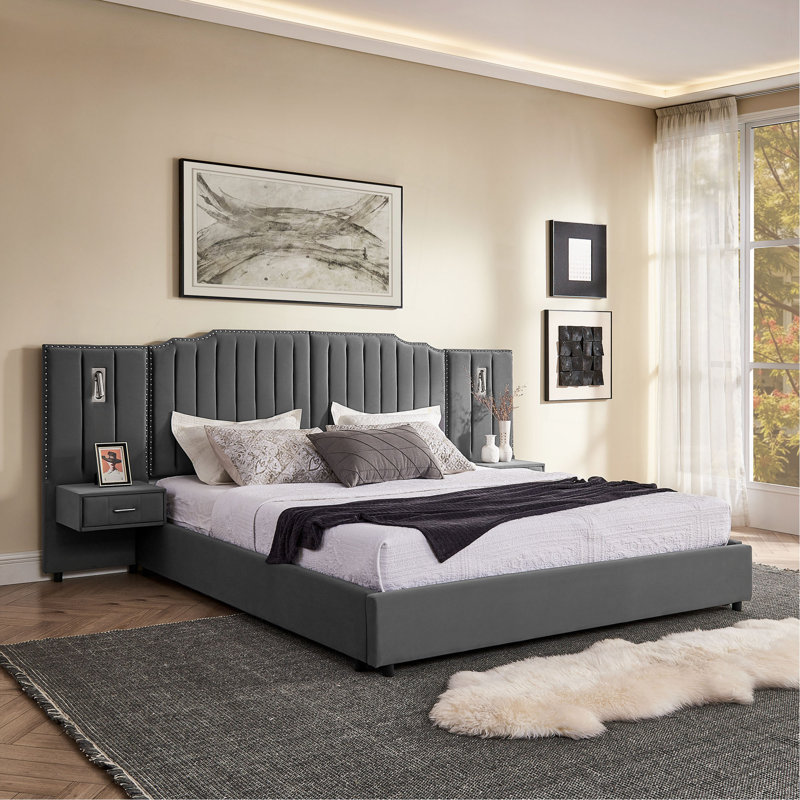 Structure de lit tapissier avec tissu en velours, conception à rayures verticales avec boutons autour du lit plateforme avec tête de lit, structure solide et table de chevet - aucun sommier nécessaire