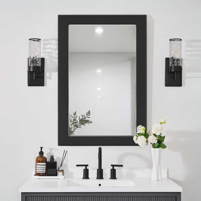Wood Rectangle Mirror Wall Mounted Decor Bathroom Vanity Mirror With HD Tempered Glass, Black, 36" x 24"