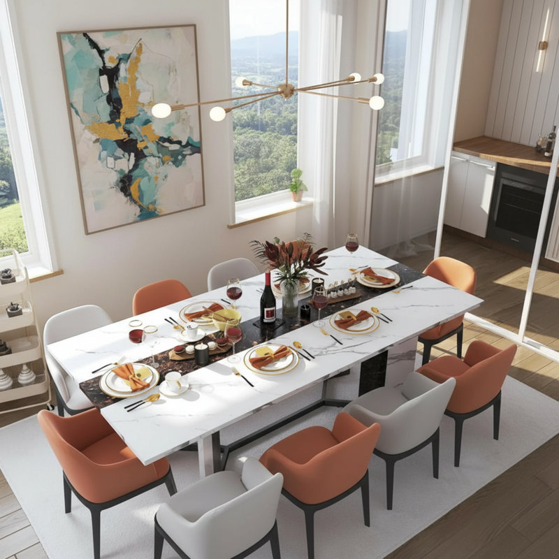 Cette table de salle à manger rectangulaire de grande capacité peut accueillir 6 à 8 personnes. Il dispose d'un plateau de table en bois de couleur marbre imperméable, de pieds réglables et d'un design luxueux de 6 pieds, adapté à diverses occasions.