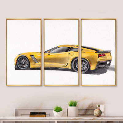 «Yellow Sport Car with Its Shadow I», reproduction de cadre flottant 3 pièces sur toile