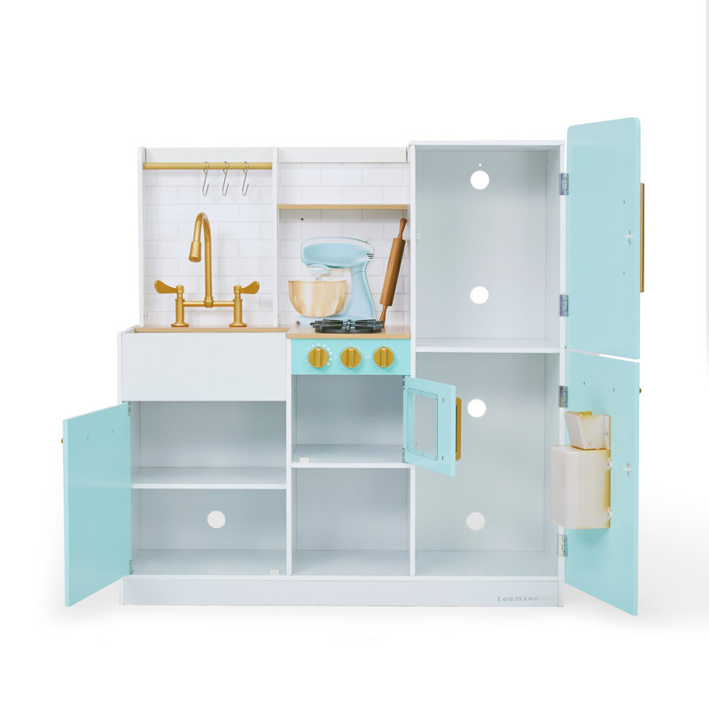 Teamson Kids Wooden Play Kitchen with Built-in Icemaker, Magnetic Dry-Erase Board & Accessories Set