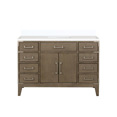 48 po Meuble-lavabo simple large en chêne gris, plateau en marbre de culture, fabrication en bois massif, mécanisme de fermeture en douceur, et une armoire intérieure pour rangement l 22 po x P 22 po