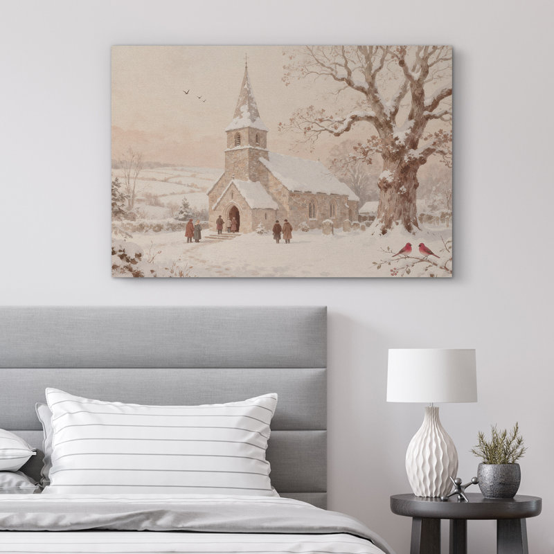 «Vintage Snowy Church Scene with Birds and Chiffres», reproduction d'art sur toile, H 12 po x l 18 po, Toile tendue
