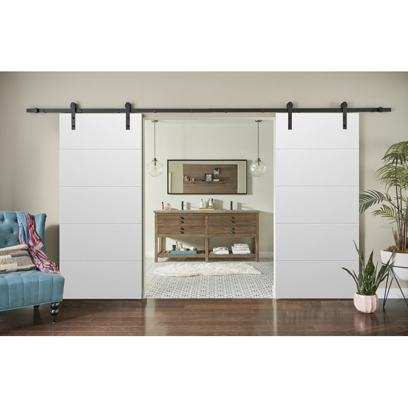 Portes de grange coulissantes doubles avec quincaillerie | Planum blanc mat 0770 peint | Ensemble de 13 cintres robustes | Porte de salle de bain de chambre à coucher moderne à panneau solide - Rail noir