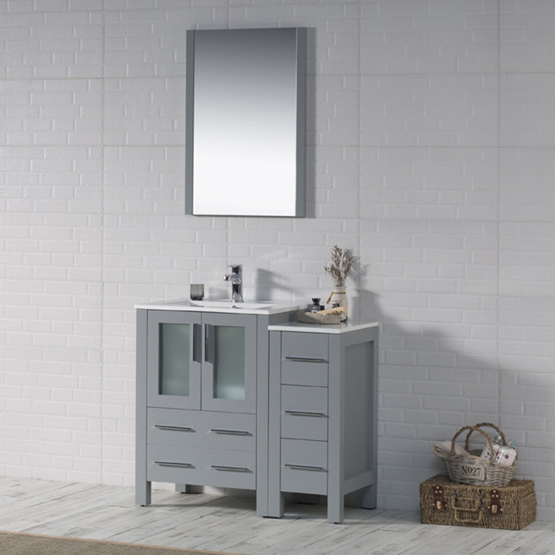 Mance 36" Single Bathroom Vanity - Ceramic Sink Top with Side Cabinet & Mirror - Storage Drawers, Soft-Close Doors – Modern Bathroom Cabinet for Small & Large Bathrooms