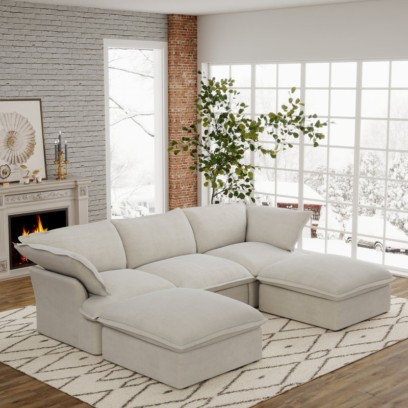 5-Piece Upholstered Modern Linen Fabric Sectional With Storage Ottoman, Beige