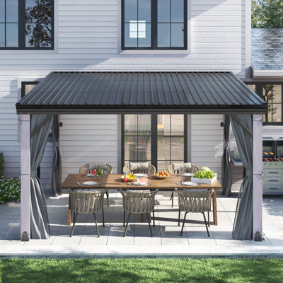 10 ft. W x 12 ft. D Wall-mounted Galvanized Steel Hardtop Gazebo, Heavy-duty Wooden Frame Patio Gazebo with Netting & Curtains