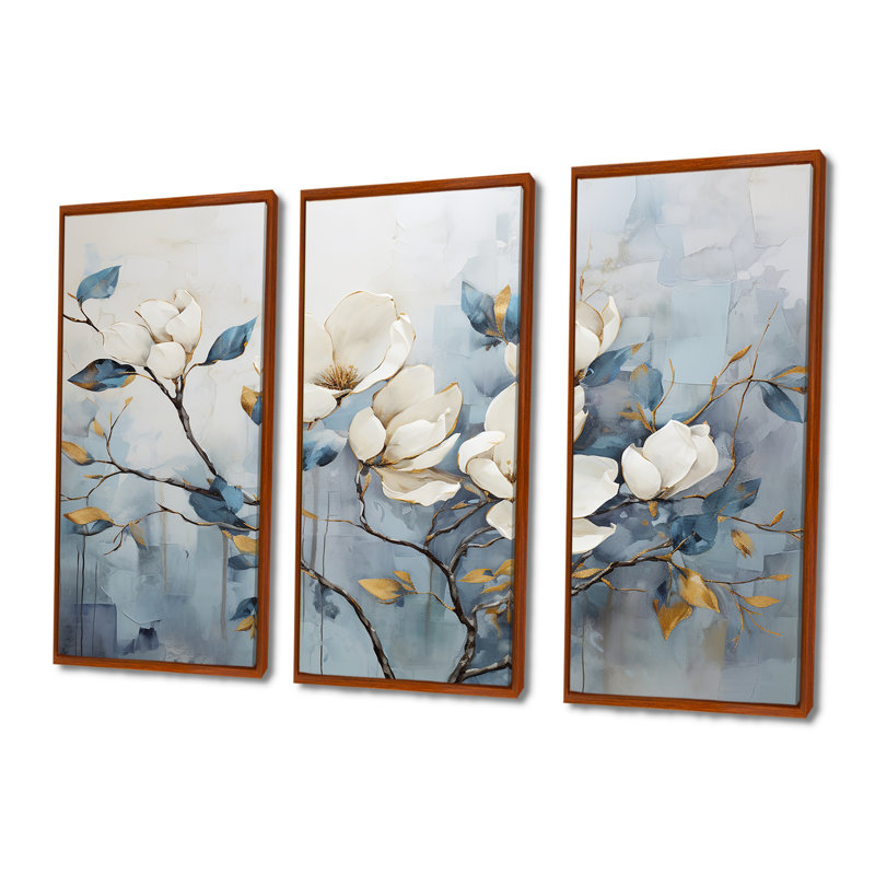 Electa - Magnolias Canvas Wall Art Set, 40" H x 60" W x 1" D, Brown Floater Framed