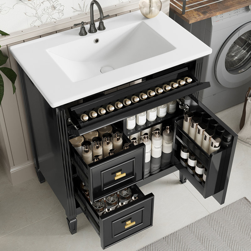 Meuble-lavabo 30 po avec lavabo en céramique, tiroir rabattable, Noir