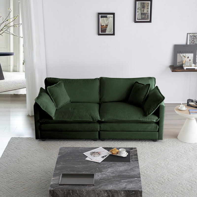 Chenille pour espace de vie - 2 avec coussins, base en bois massif, canapé de luxe dans la chambre, fabrication solide, confortable