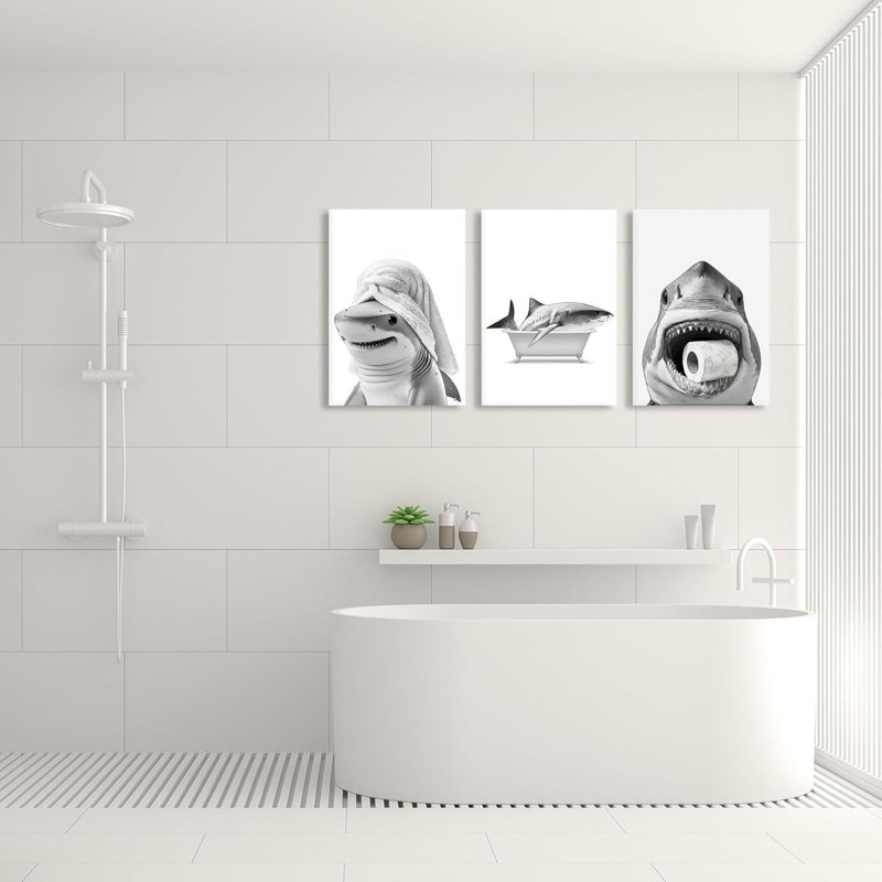 Toile de salle de bain encadrée avec requin noir et blanc, 3 pièces Drôles d'océan, peinture sur toile, décoration murale, affiche moderne, impression pour toilette 16 po x 12 po