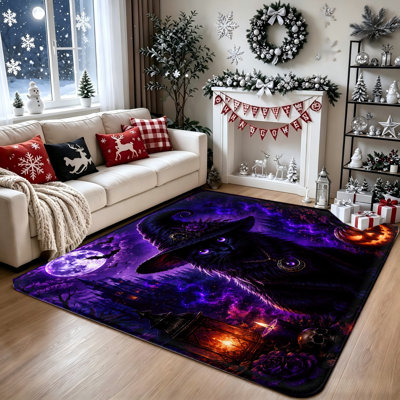 Tapis Witch Cat Galaxy, décor d'Halloween, vibrations effrayantes, charme mystique, imprimé durable, envers antidérapant, tapis d'intérieur pour salon, chambre à coucher, salle de jeux, bureau à domicile et entrée