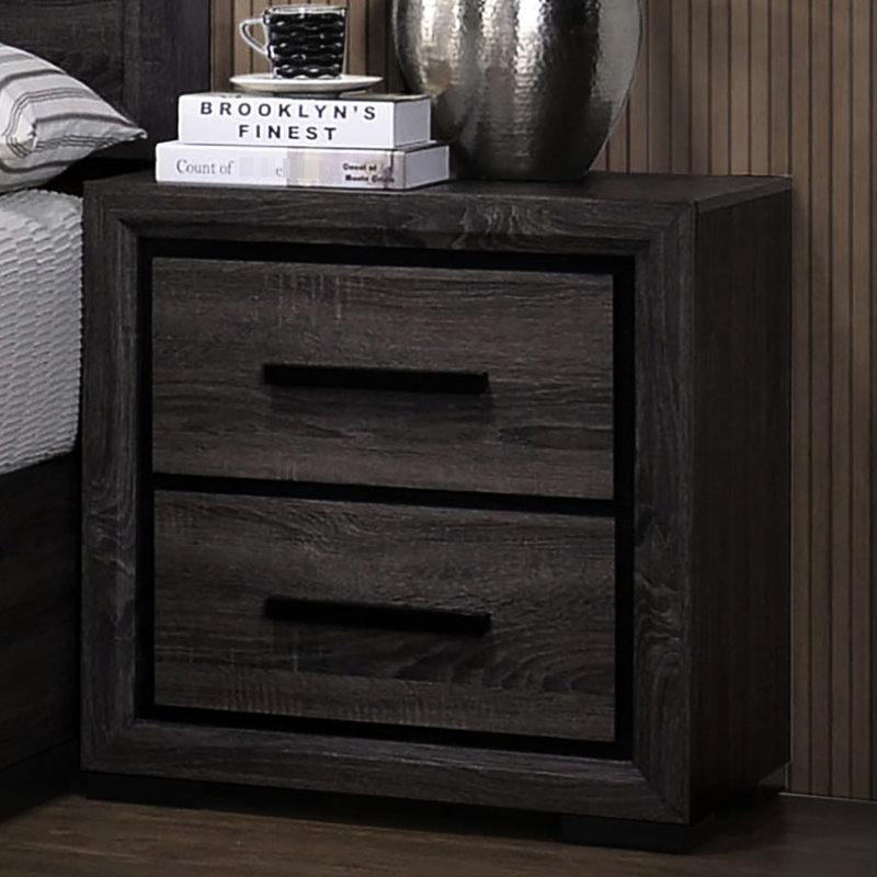 Armoire de chevet moderne grise, conception bicolore et bordure noire, table de chevet 2 pour chambre à coucher, garniture, 2 tiroirs, configuration simple
