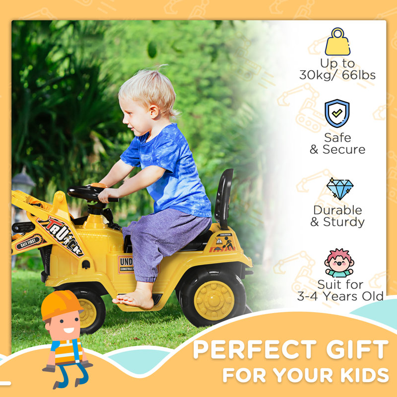 Yellow Kids Excavator Ride-On with Treaded Wheels
