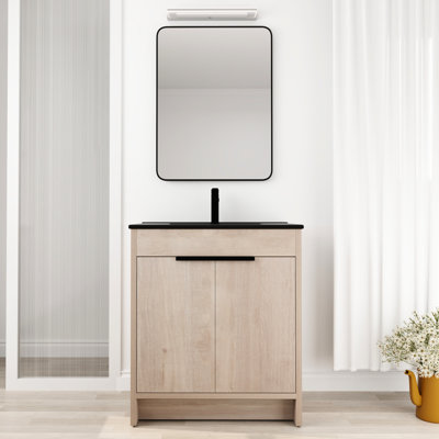 Meuble-lavabo autoportant de 30 po avec comptoir en céramique noire. 2 portes d'armoire. Contreplaqué moderne. Tablette réglable 30 po.