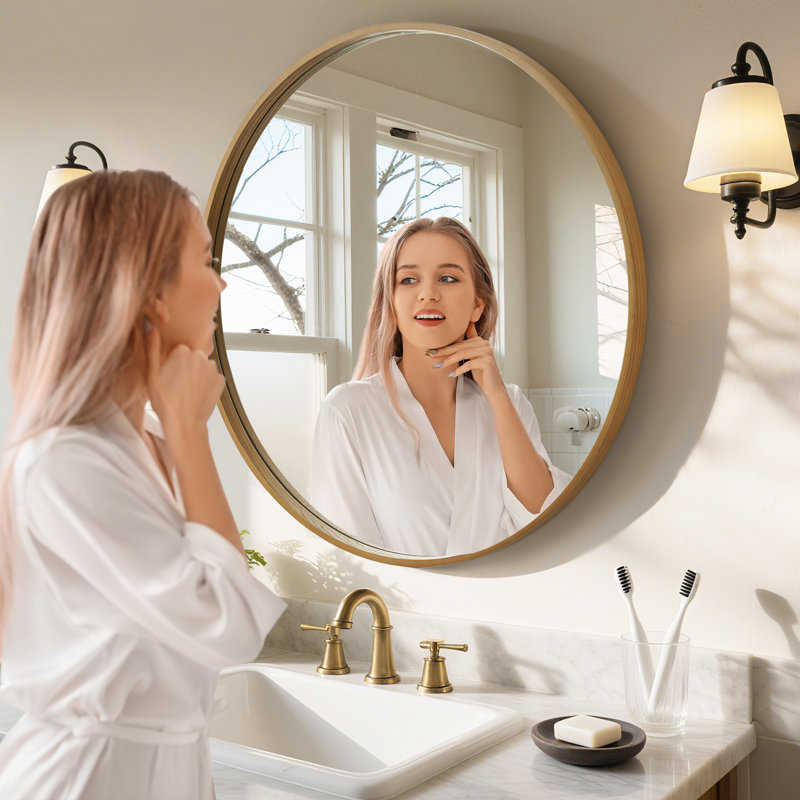 Karrina Accent Wood Round Mirror, Nature, 32" x 32"