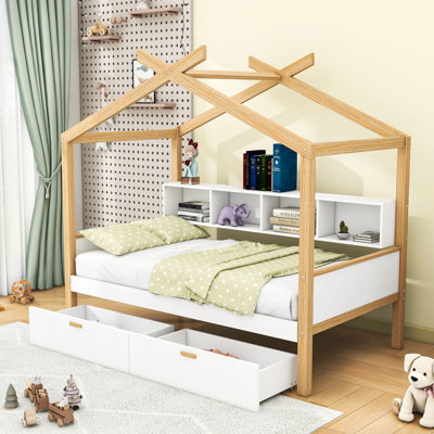 Wooden Two Drawers House Bed With Built-In Bookshelf