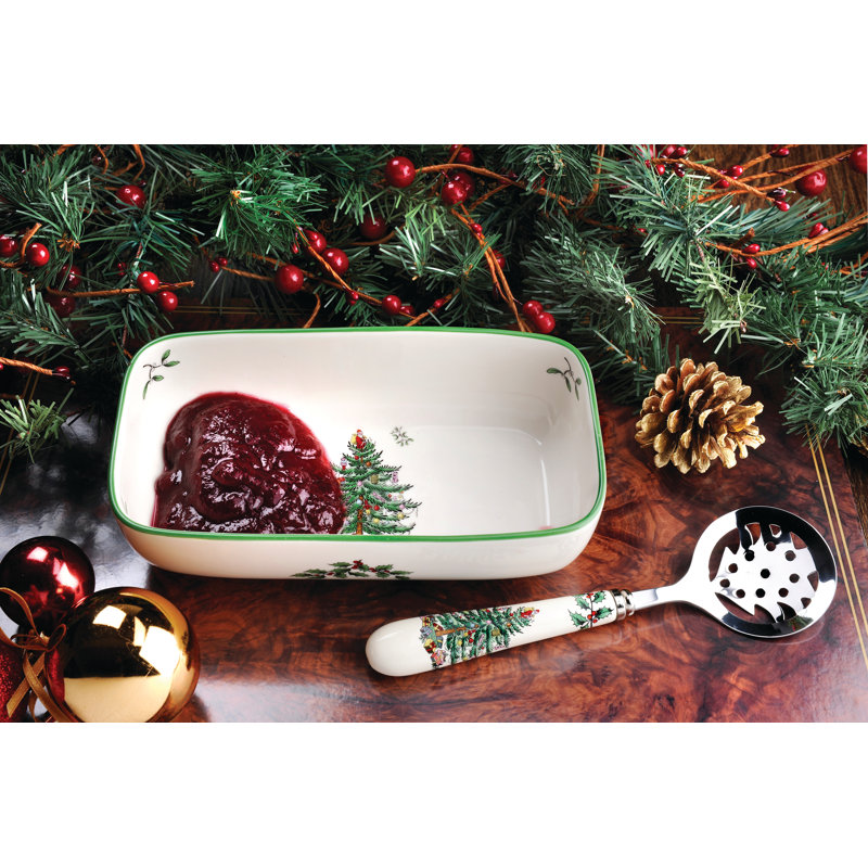 Spode Christmas Tree Serve Cranberry Server with Slotted Spoon