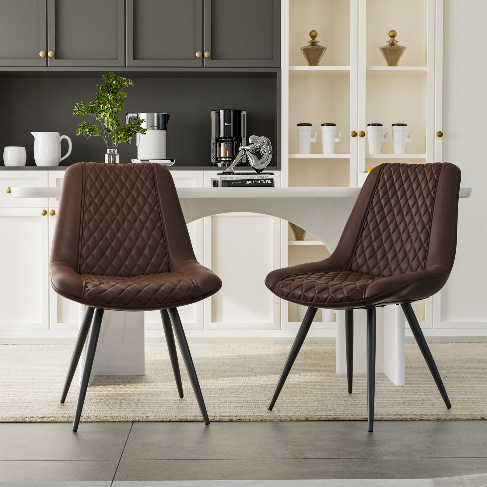 17 Stories Brown Leather Dining Chairs Set Of 2, Upholstered Leather ...