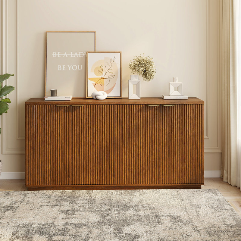 COCO DESIGN 63” Sideboard Fluted Buffet Cabinet With 4 Doors, Brown, Brown