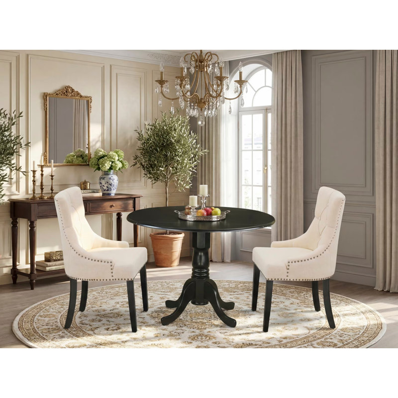 3 Piece Kitchen Table & Chairs Set Contains a Round Dining Table with Dropleaf and 2 Light Beige Linen Fabric Parson Chairs, Black