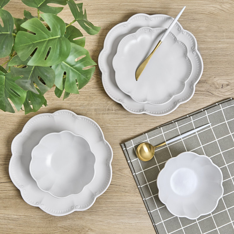 Sango Bethany 12-Piece Stoneware Dinnerware Set – Service for 4, Scalloped Plate & Bowl Set, White