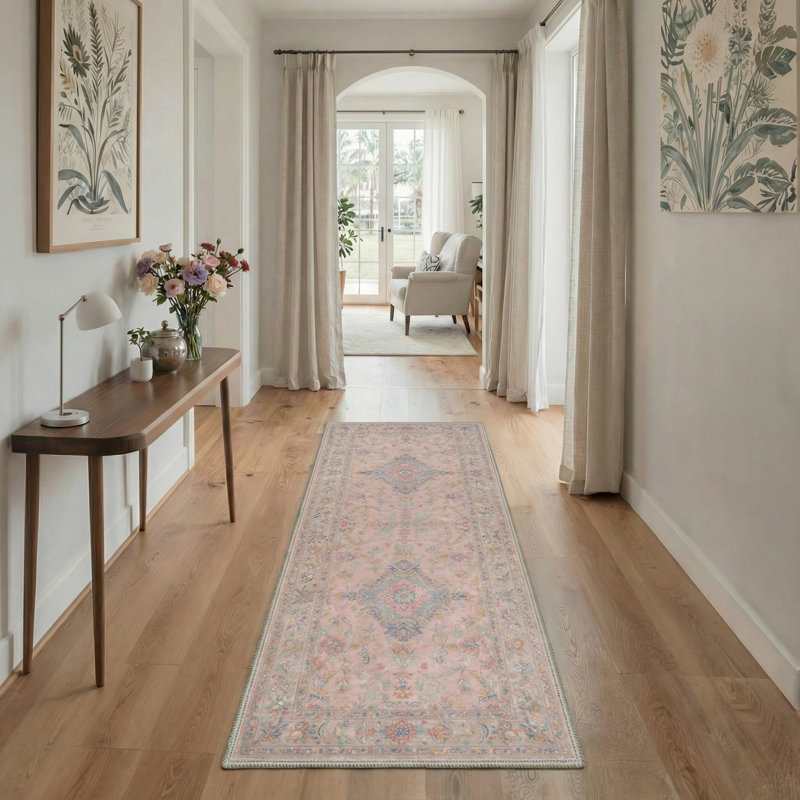 Vintage Floral Medallion Machine Washable Blush Rose Indoor Area Rug With Non-Slip Backing, Round 5'