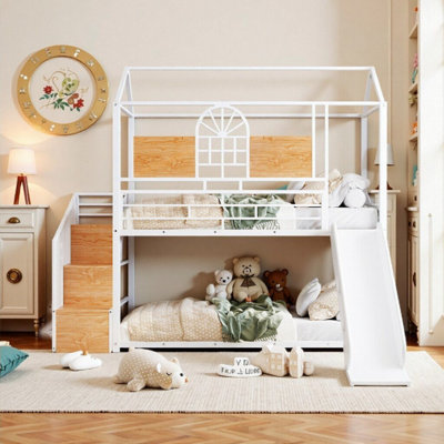 AVELOR Twin Over Twin Metal House Bunk Bed with Slide, Storage Staircase, Full-Length Guardrails & Side Shelf