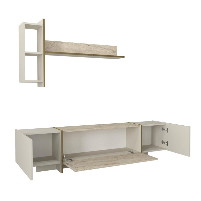Modern TV Unit with Wall Fixing, Travertine & Sandstone Colour, 70.0 x 17.0 x 12.8 inches | 100% Melamine Coated Particle Board, 0.7 inches Thick | Numerous Shelves for Storage, Stylish and Functional Design