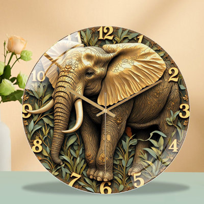 Elegant Elephant Wall Clock Decor with Greenery Art - 12'' Modern Glass Wall Clock