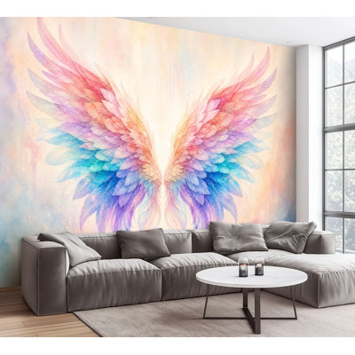 Wall Mural Peel and Stick Wallpaper Colorful Rainbow Wings Soft Pastel Watercolor Style Self-Adhesive Removable Contact Paper Wall Decor for Living Room Bedroom 100"H x 144"W