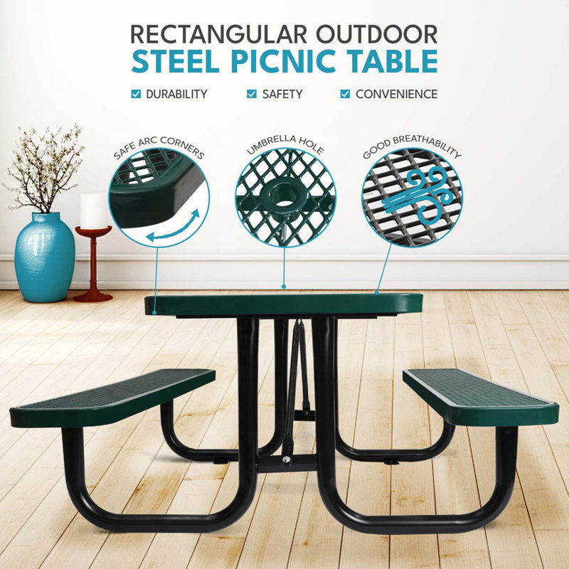 6 Ft Rectangular Outdoor Steel Picnic Table With Umbrella Pole, Patio Table, Green