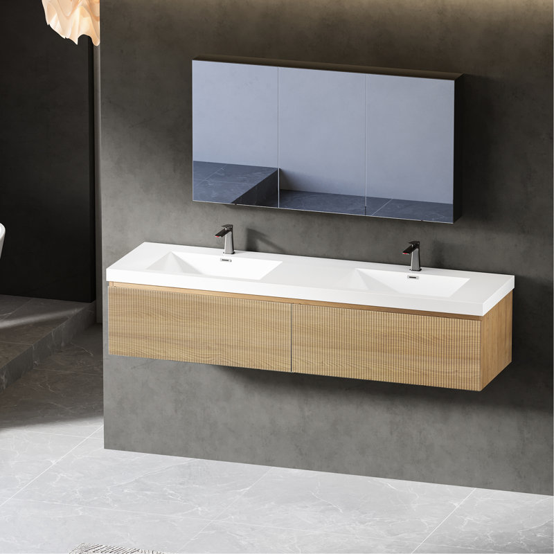 Meuble-lavabo mural flottant en chêne naturel de 72 po avec deux lavabos blancs brillants, des tiroirs texturés à vagues, des lavabos doubles à ouverture de tiroir silencieuse, une finition et un fonctionnement silencieux