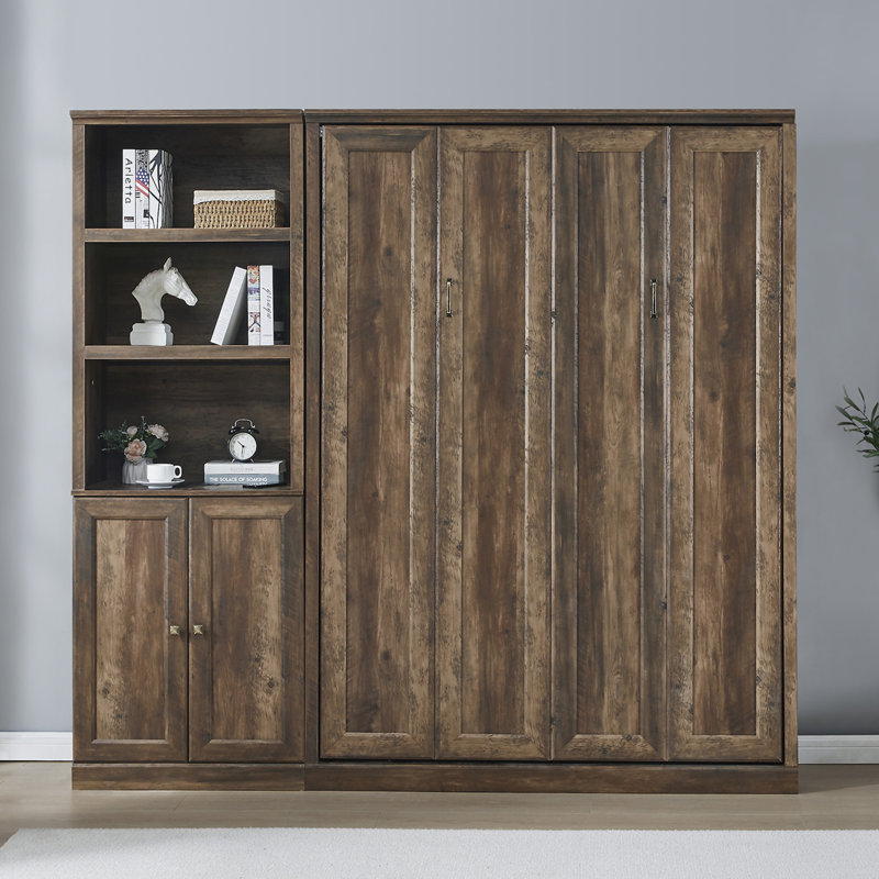 Demi-lit escamotable semi-fermé et ouvert avec 1 armoire de rangement latérale, Lit double, Brun