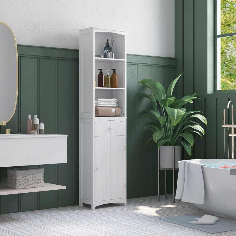 Armoire de rangement pour salle de bain, unité de rangement pour salle de bain autoportante, grande tour à linge avec tablettes à 3 niveaux et tiroir, blanc