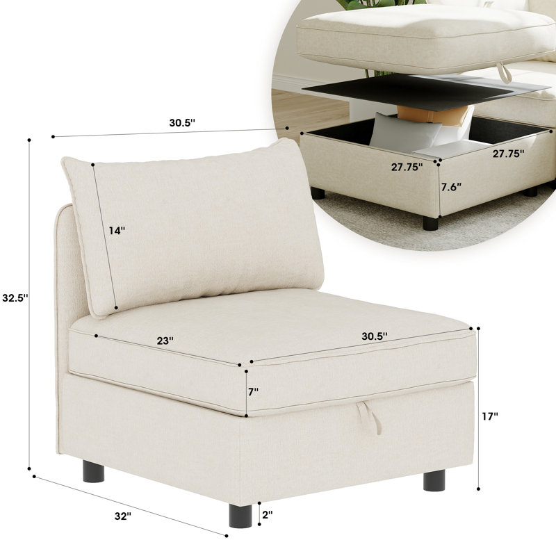 Siège sans accoudoirs pour canapé modulaire modulaire, siège convertible avec rangement (2 pièces), Polyester beige