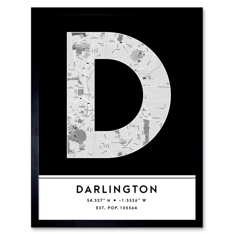Darlington City Map Darlington Black & White - Single Picture Frame Typography