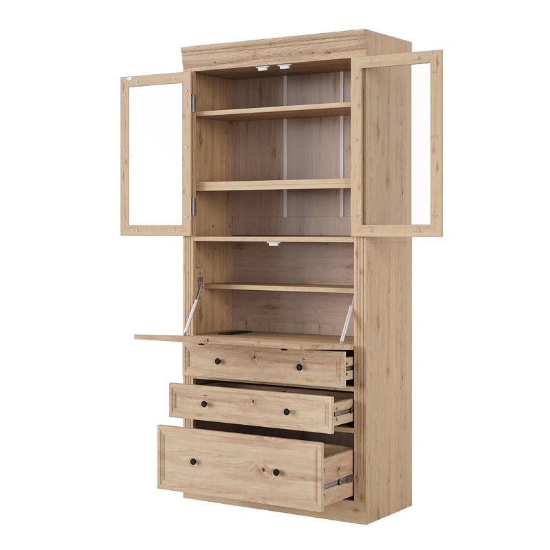 Garde-manger élégant de style shaker Eltera de 78 pouces avec portes en verre et surface rabattable, Naturel