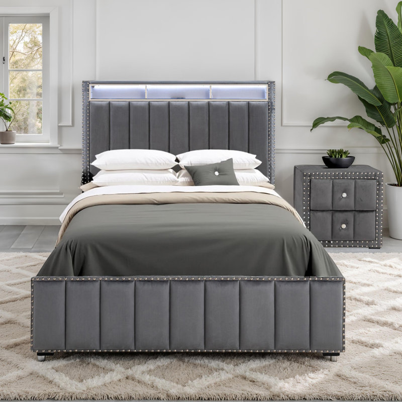 Ozara 2-Piece Bedroom Set With Charging Stations, Gray, Queen, 2 Pieces: Bed, Nightstand