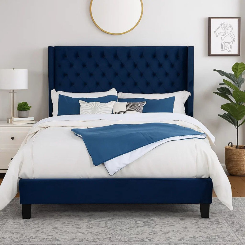 Hiu King Size Bed, Wingback Headboard In Black , Queen, Navy Blue