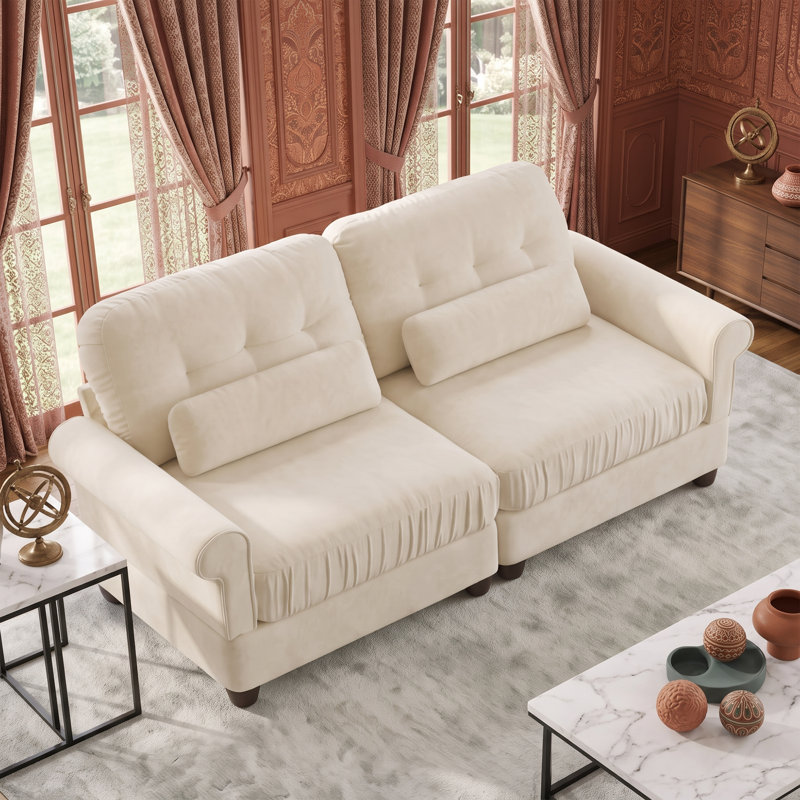 Canapé moderne à deux places à bords volantés, rembourré en chenille douce avec coussins décoratifs, idéal pour les petits espaces, brun