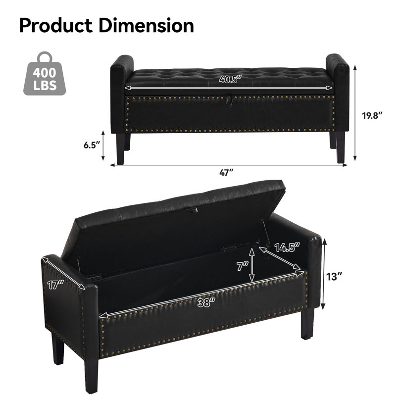 Banc de rangement à couvercle rabattable, recouvert de similicuir, 47 po de largeur, Black-pu