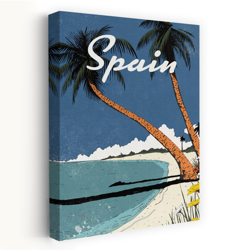 Espagne, plage tropicale rétro, palmier rétro, art mural côtier rétro