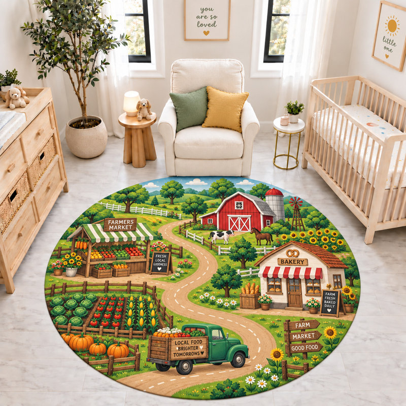 Tapis rond « ultra-fin » 183 x 183 cm (6 pi x 6 pi) à motif marché fermier, boulangerie et potager, tapis d'intérieur doux à poils courts avec envers antidérapant en silicone, idéal pour la chambre d'enfant et la salle de jeux.