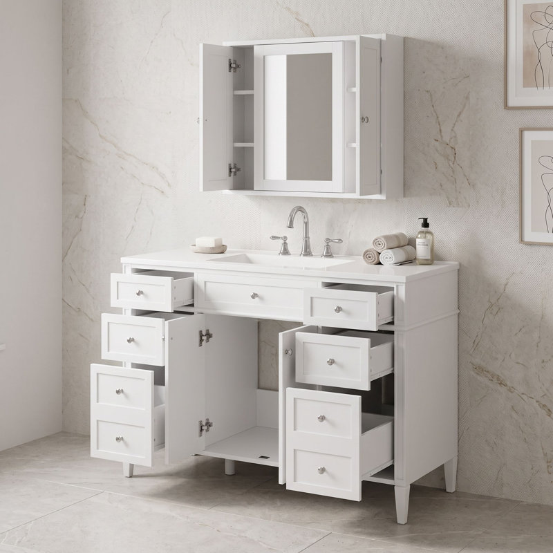 Meuble-lavabo autoportant moderne avec comptoir en composite, tiroirs de rangement et charnières à fermeture en douceur