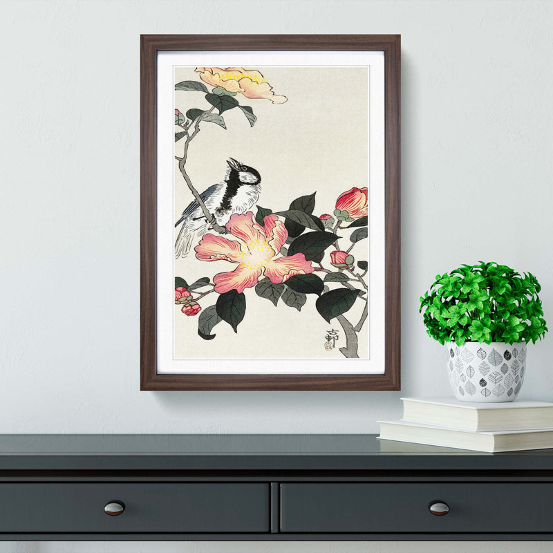 Great Tit on a Branch by Ohara Koson - Picture Frame Painting Print, 48cm H x 36cm W x 2cm D, Walnut Framed