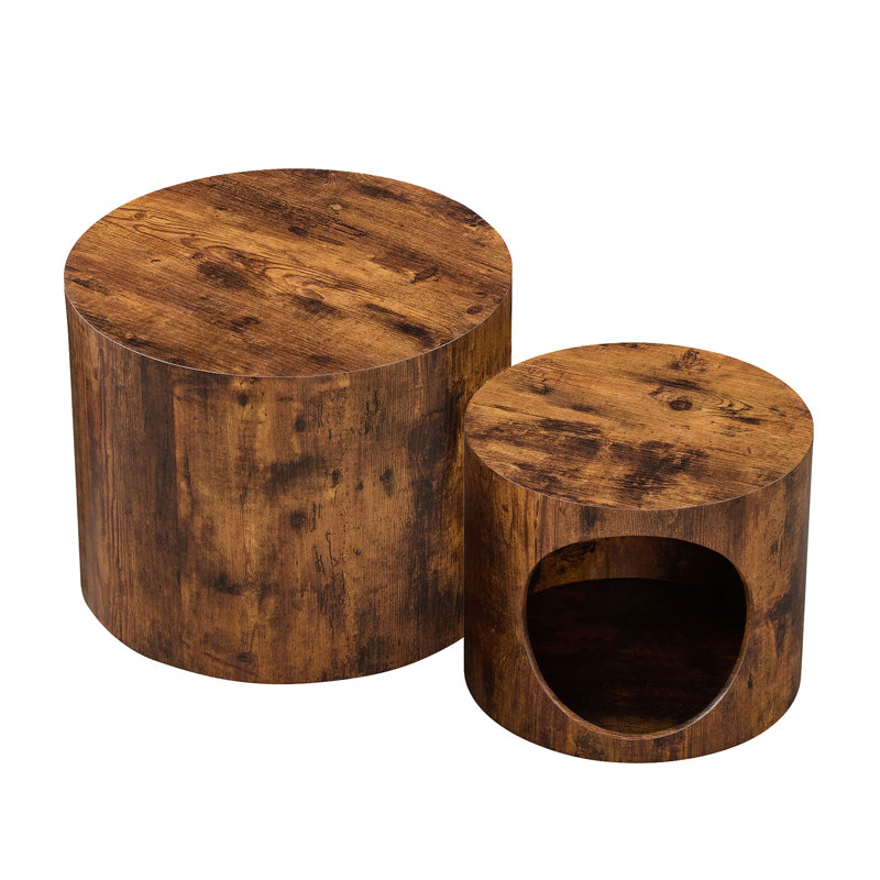 Ensemble de 2 tabourets et tables basses gigognes ronds en forme de nid pour chat, idéal pour le salon. Non assemblé. Couleur : brun foncé.