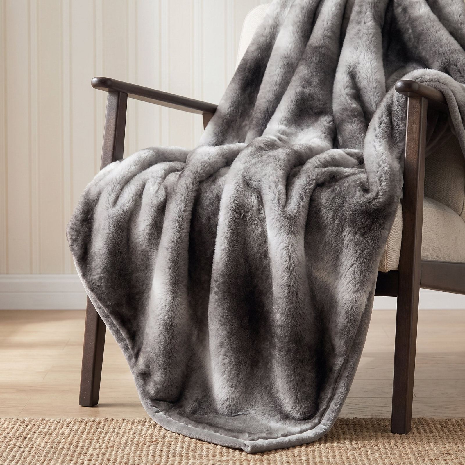 Mink Faux Fur Throw Blanket, 50" W x 60" L, Ombré Silver Onyx